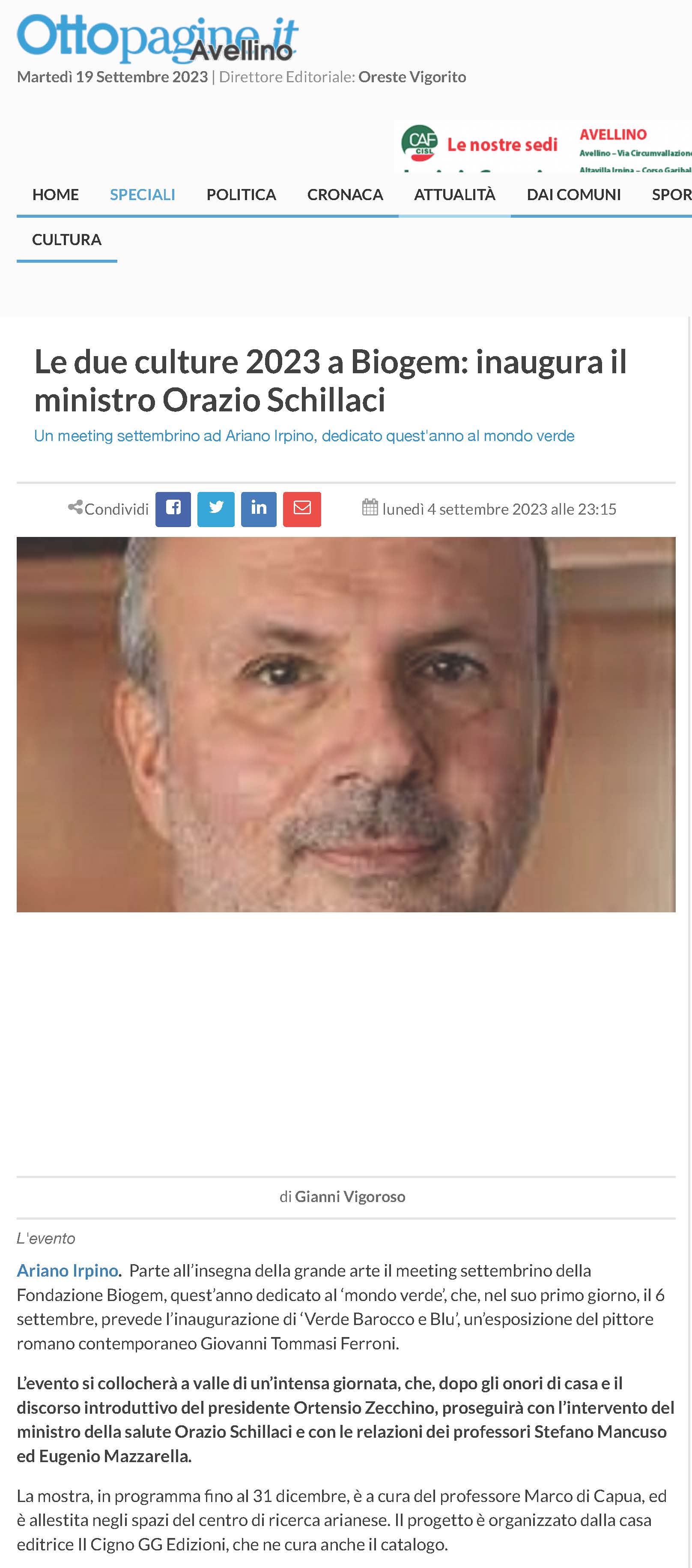 Le due culture 2023 a Biogem: inaugura il ministro Orazio Schillaci